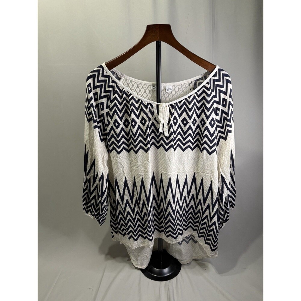 Cato Cream Black Chevron Pattern Lace Back Insert Blouse Top 3/4 Sleeves Size XL